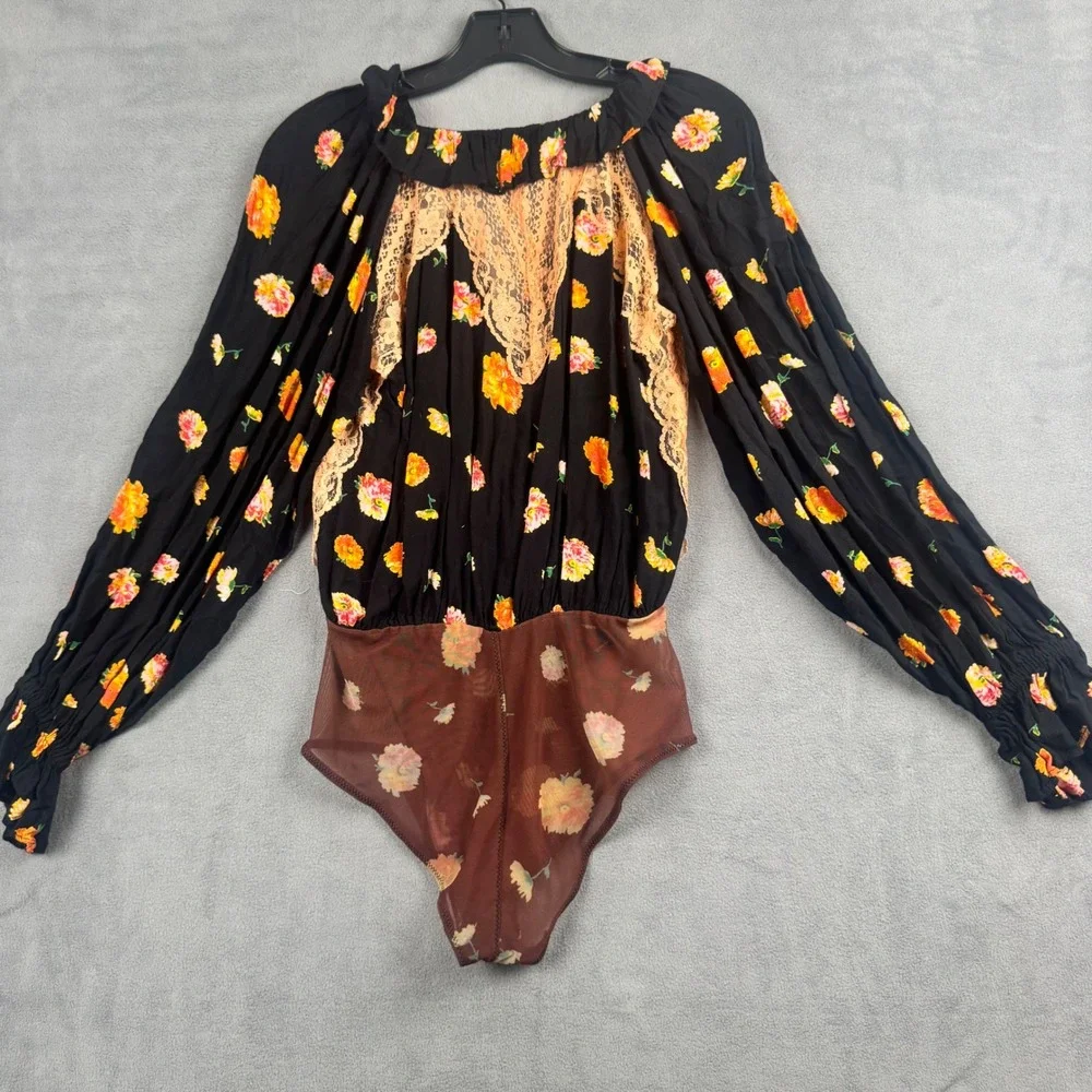 Intimately Free People Floral Lace Ruffle Bodysuit Black Orange XS Long Sleeve